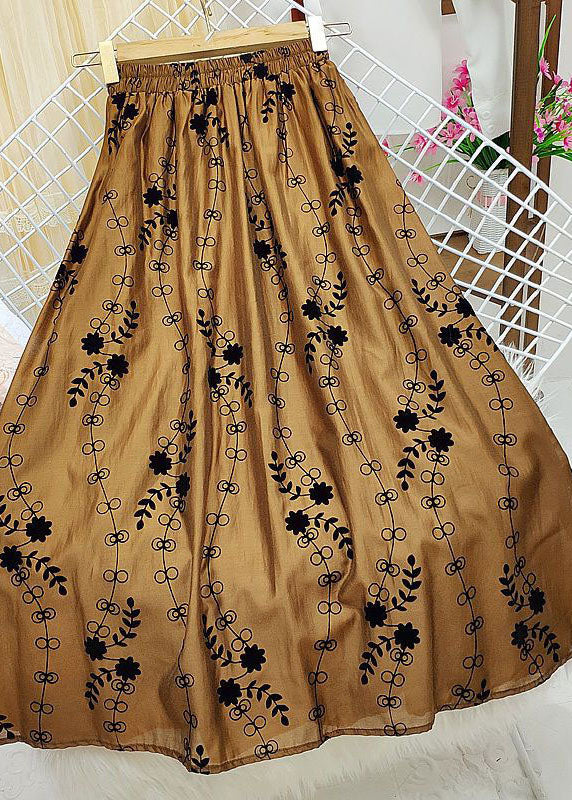 Italian Brown Print Elastic Waist Silk a Line Skirt Summer