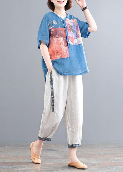 Lake Blue Print Linen Two Piece Set Oversized Summer