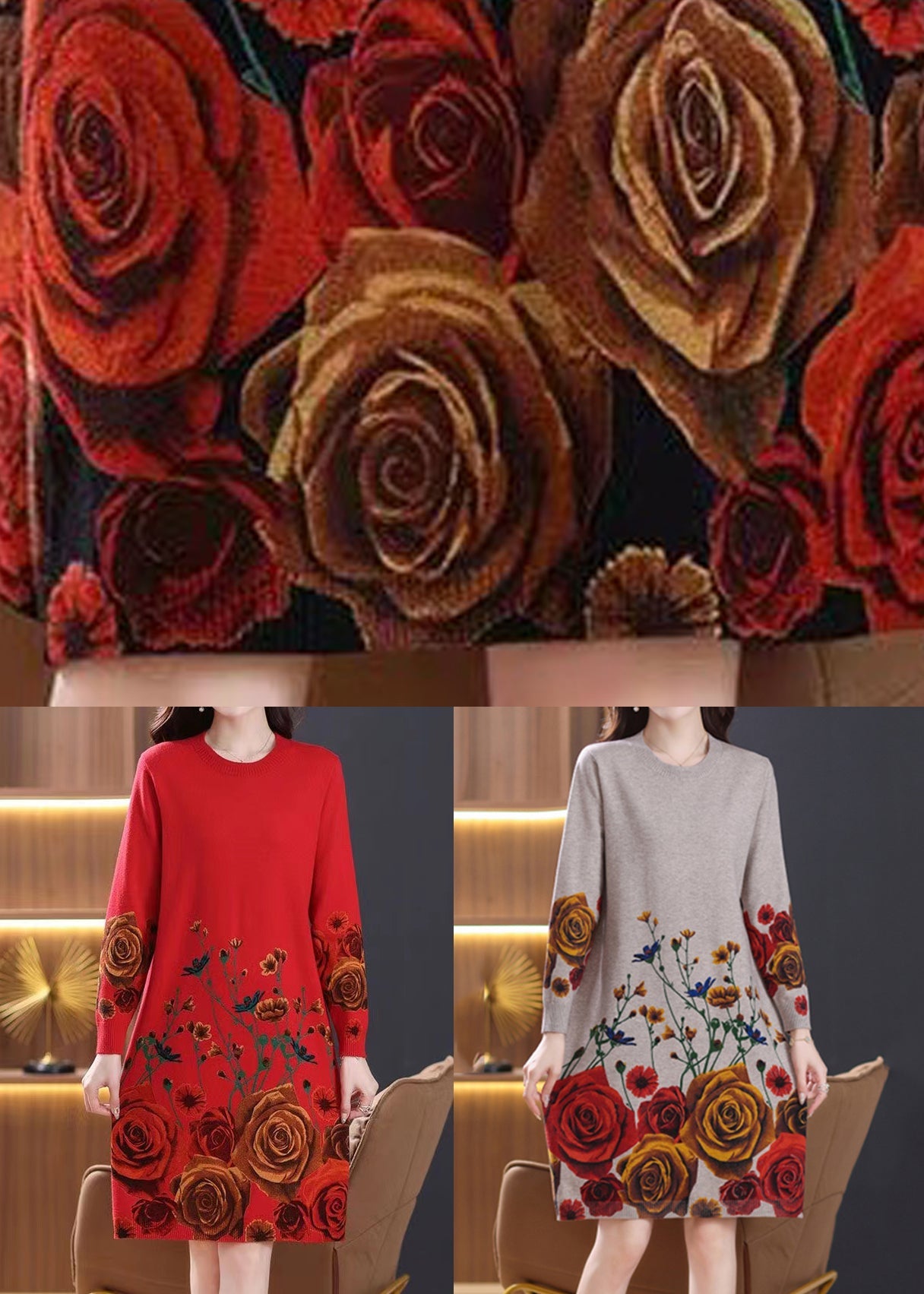 French Black O-neck Print Wool Knit Dresses Spring