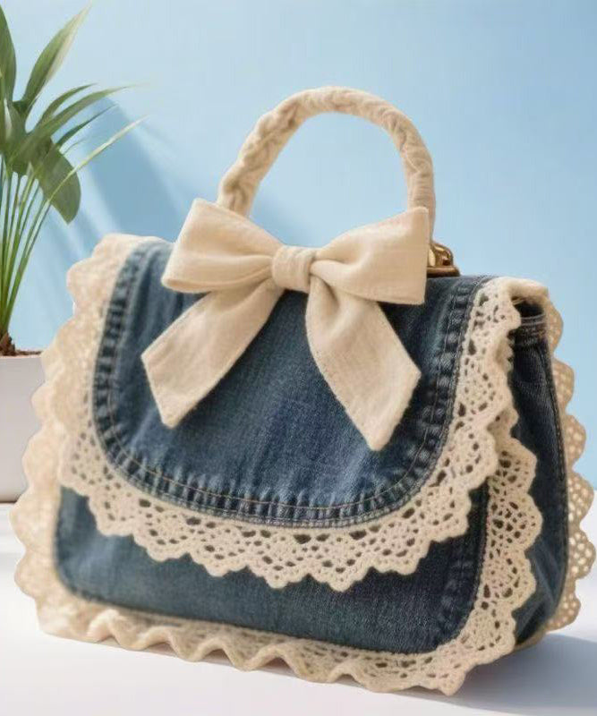 Denim Blue Patchwork Lace Bow Tote Handbag