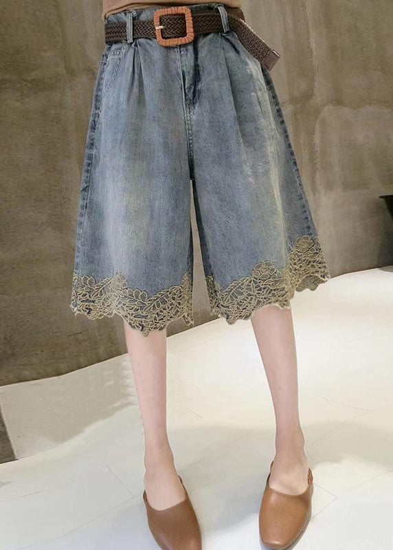 Blue Lace Patchwork Denim Hot Pants Summer