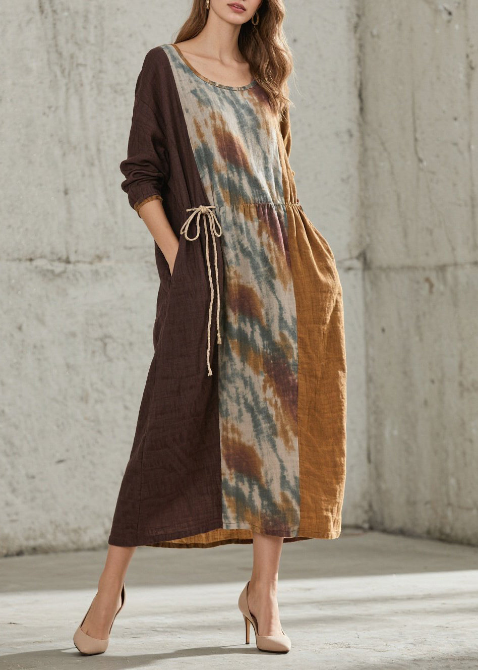 O Neck Print Lace Up Cotton Maxi Dresses Fall