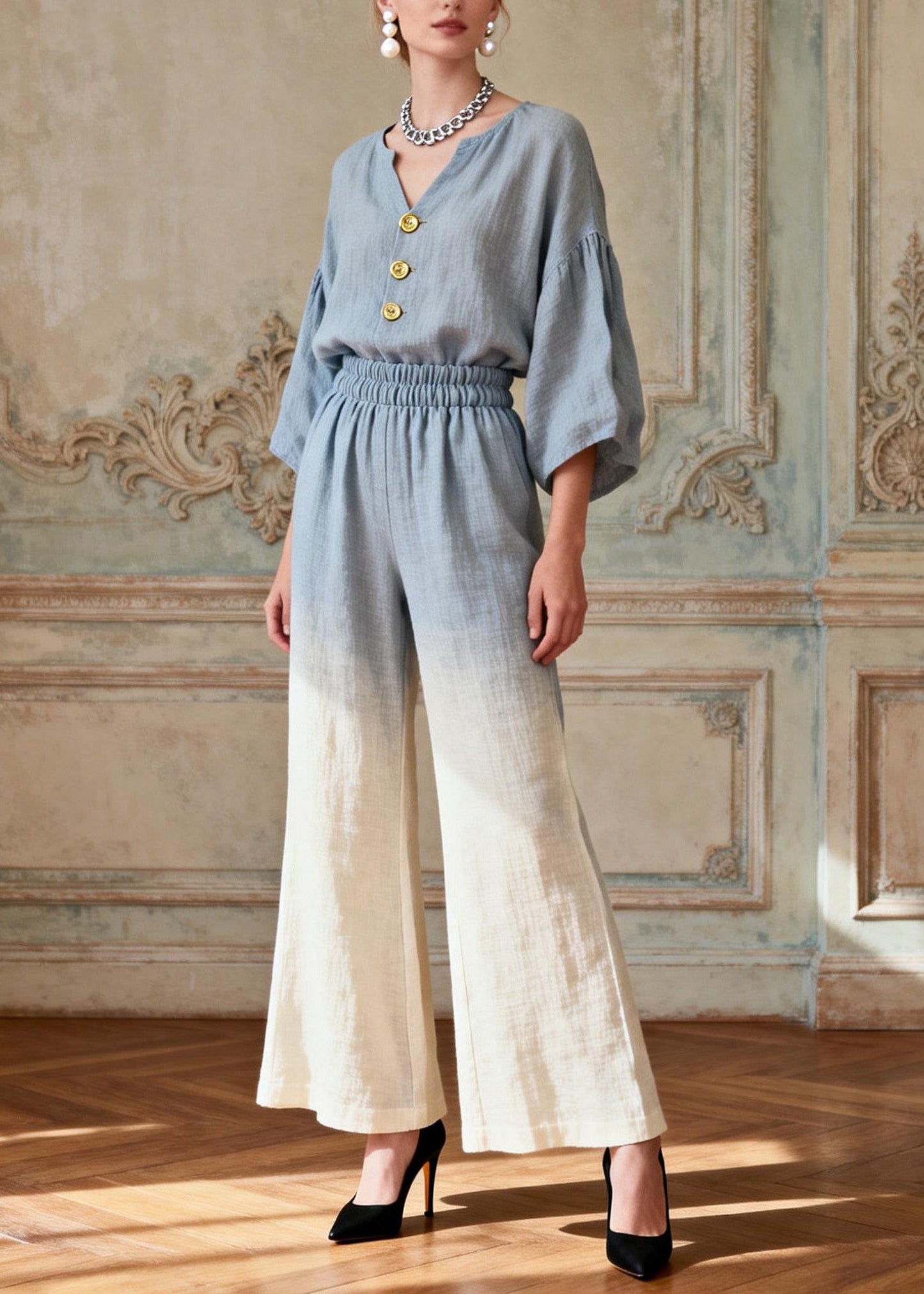 Gradient Color V Neck Patchwork Linen Two Pieces Set Summer