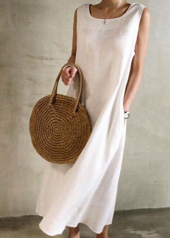 White O Neck Patchwork Cotton Maxi Dress Sleeveless