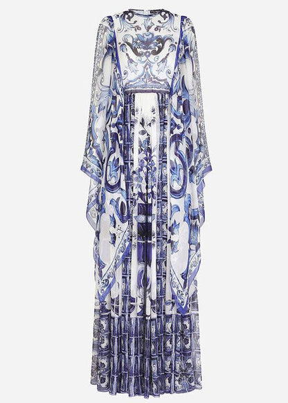 Blue O-neck Print Chiffon Maxi Dress Cloak Sleeves