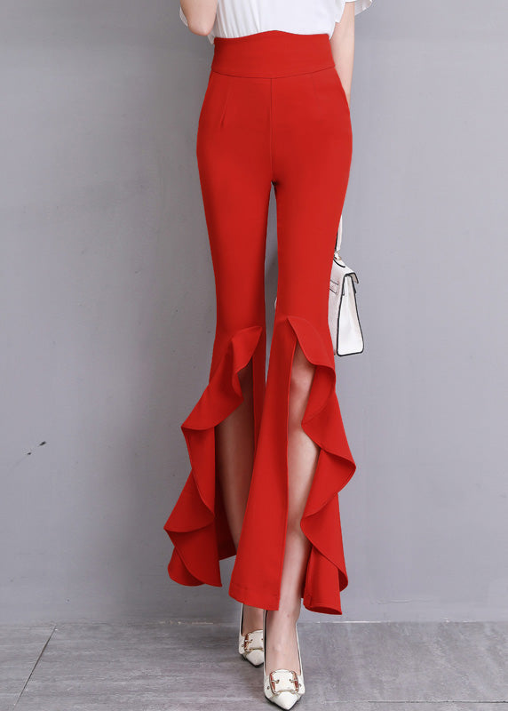 Red Ruffled Side Open Slim Bell Bottomed Trousers Summer