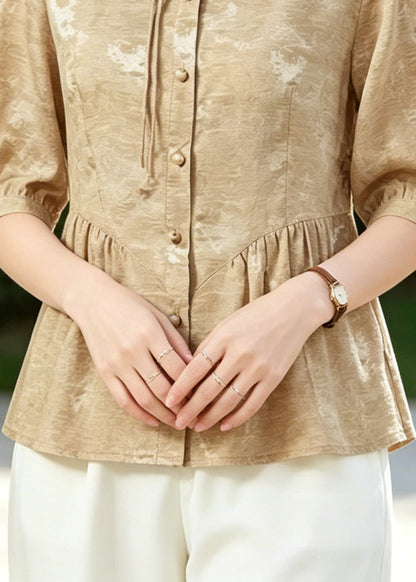 Khaki Tasseled Wrinkled Silk Blouse Tops Half Sleeve