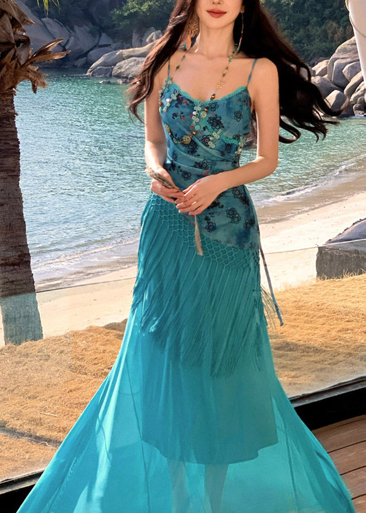 Blue Asymmetrical Patchwork Tassel Maxi Spaghetti Strap Dress Sleeveless