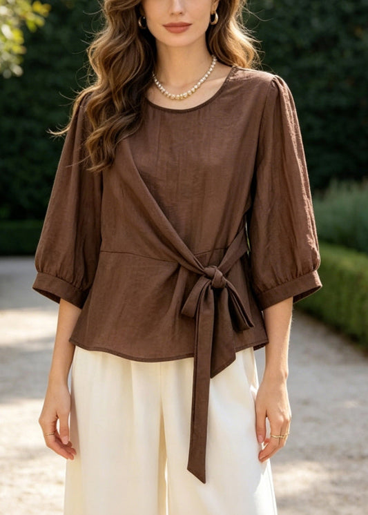Classy Chocolate Tie Waist Cotton Two Pieces Set Summer
