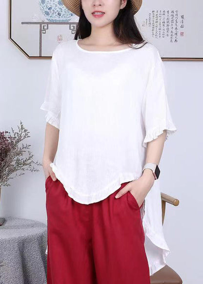 Rose Asymmetrical Ruffled Patchwork Linen Tops Summer