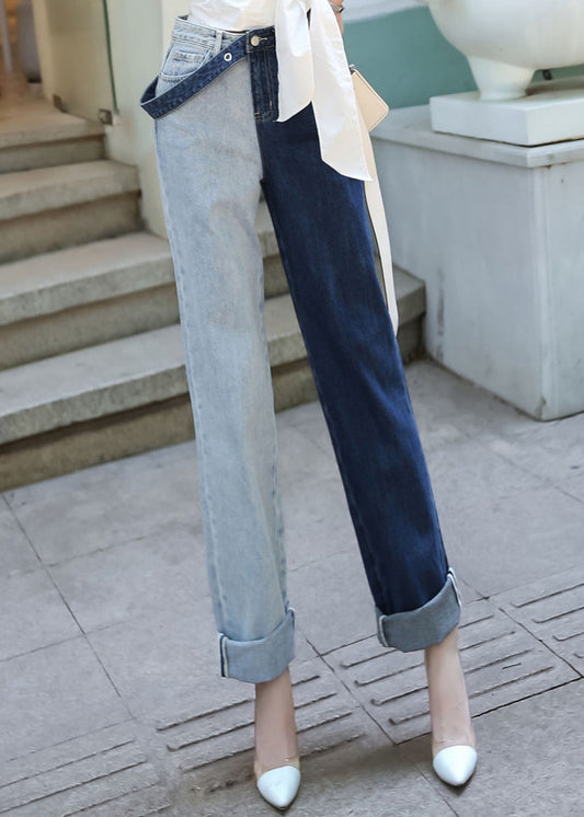 Colorblock Asymmetricalhigh Waist Denim Pants Spring