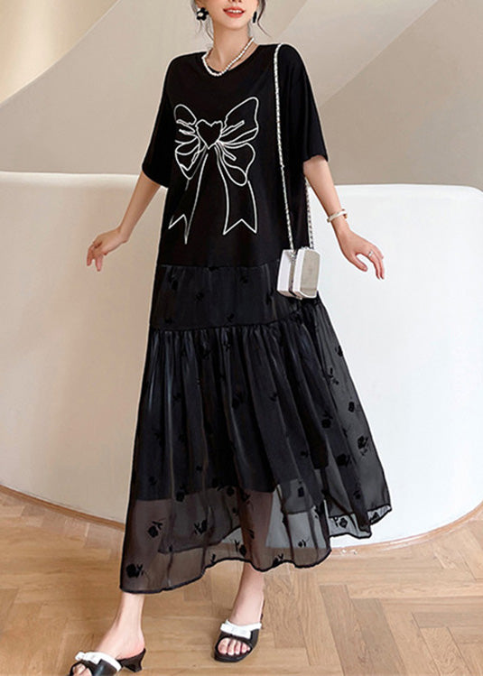 Black O-neck Bow Tulle Patchwork Cotton Maxi Dresses Summer