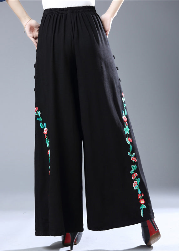 Modern Black Embroideried Elastic Waist Wide Leg Pants Fall