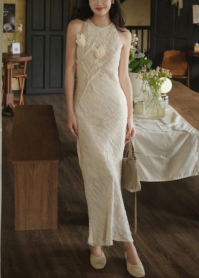 Beige O-neck Side Open Silk Long Dresses Sleeveless Summer
