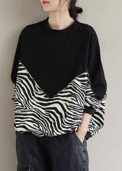Black O-neck Patchwork Pullover Sweatshirt Long Sleeve