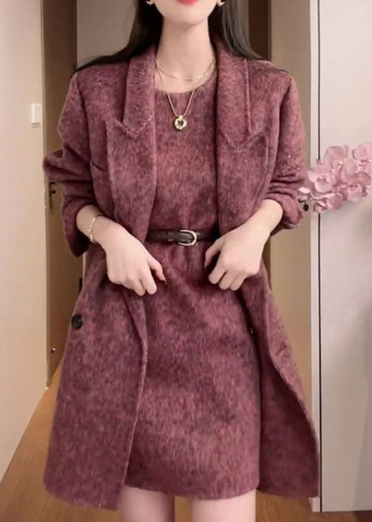 Purple Coat and Dress Woolen 2 Piece Outfit Winter