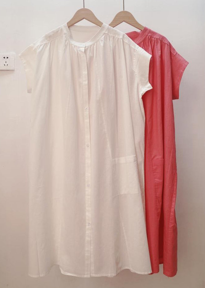 Loose White Button Pockets Cotton Shirt Dresses Summer