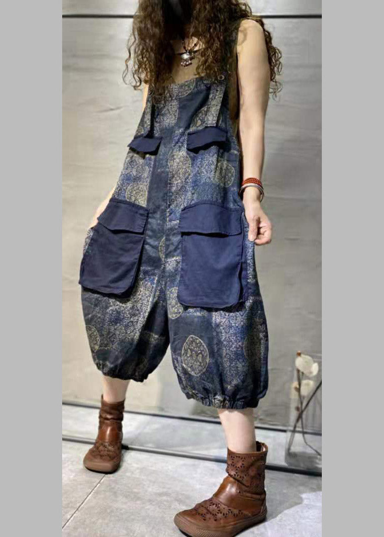 Blue Print Oversized Pockets Patchwork Cotton Denim Jumpsuit Summer