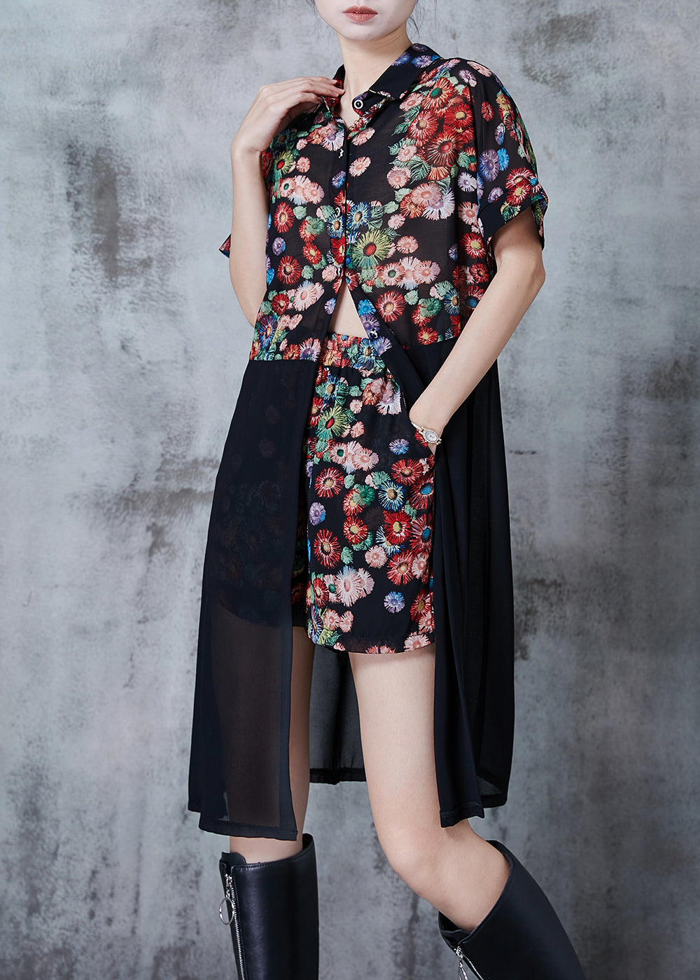 Print Patchwork Chiffon Two Piece Set Summer