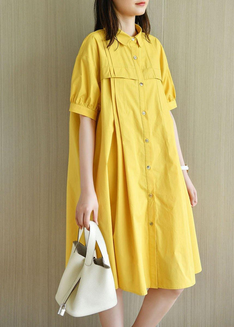 Simple Yellow Loose Peterpan Collar Button Summer Cotton Dresses