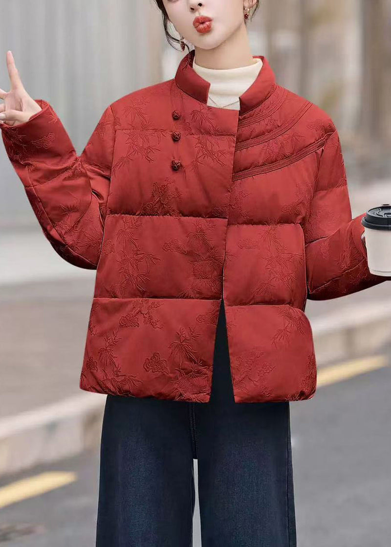 Red Stand Collar Jacquard Duck Down Puffers Jackets Winter