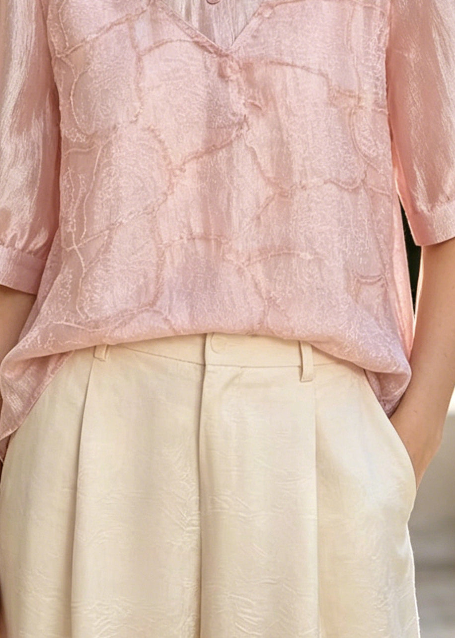Style Pink Embroidered U Neck Silk Fake Two Piece Shirt Top Summer