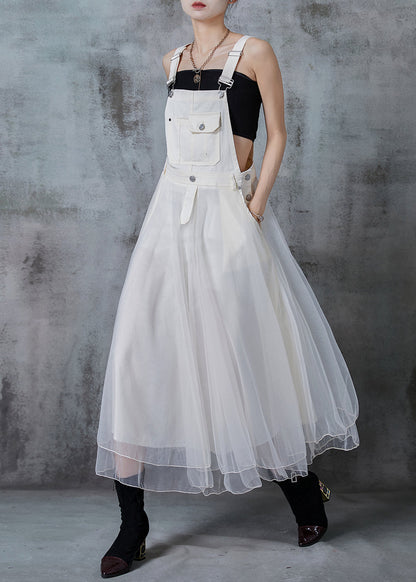 Fitted White Silm Fit Patchwork Organza Long Dress Spring