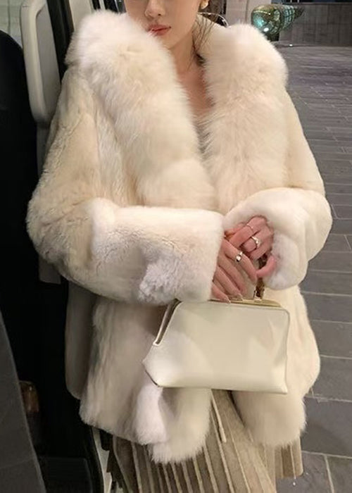 Beige Hooded Fur Collar Mink Hai Coat Spring