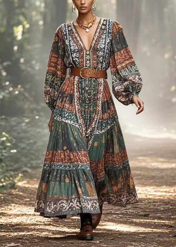 Dark Green Cinched Print Cotton Long Dress Spring
