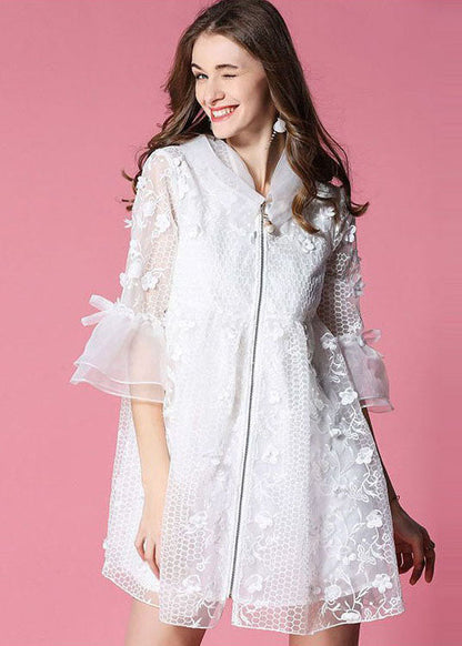 White Hooded Hollow Out Applique Organza Jacket Spring