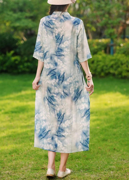 Blue Button Print Lace Up Linen Long Dresses Summer