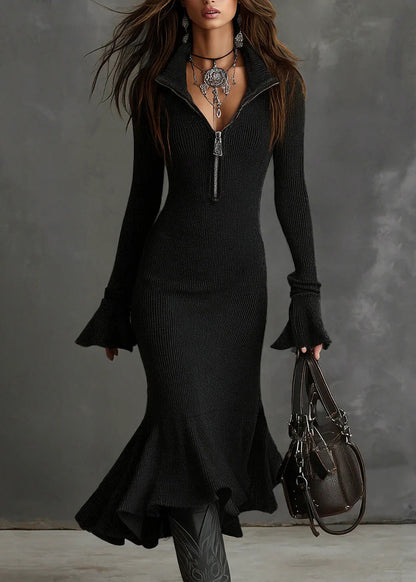 White Zip Up Patchwork Knit Dress Flare Sleeve
