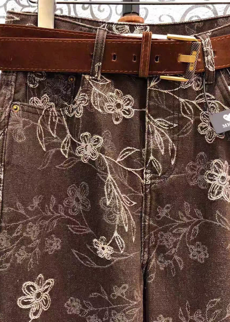 French Brown Print Denim Wide Leg Pants Fall