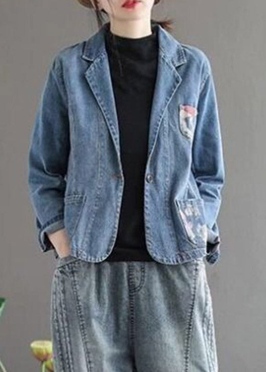 Blue Peter Pan Collar Print Button Denim Coats Spring