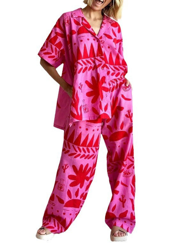 Rose Print Shirts and Wide Leg Pants Two Pieces Set Short Sleeve