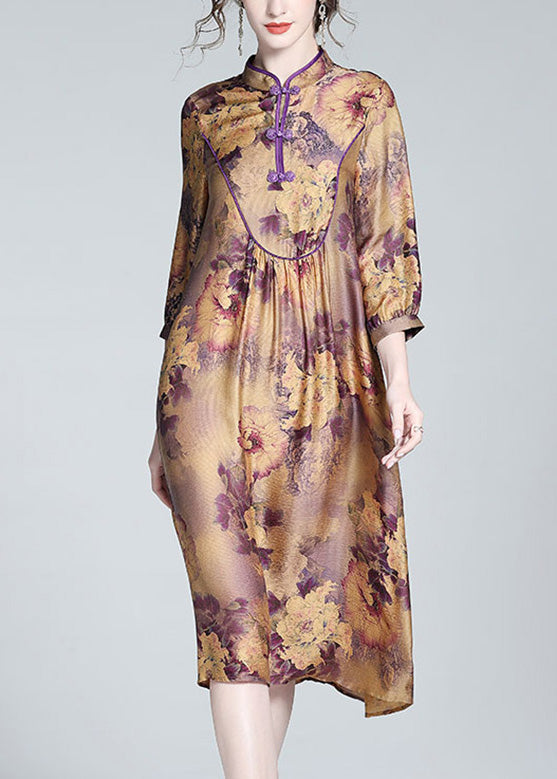 Purple Stand Collar Print Button Long Dress Spring