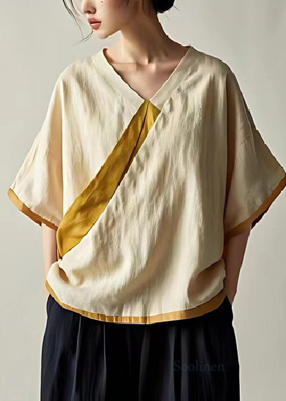 Fitted Beige V Neck Patchwork Linen Loose Blouses Summer