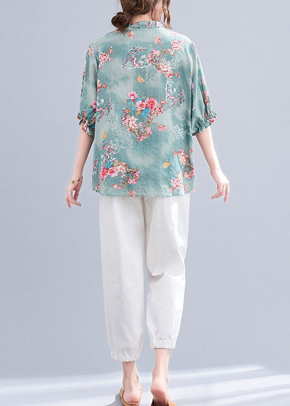 Blue V Neck Ruffled Print Cotton Tops and Harem Pants Two Pieces Set Summer