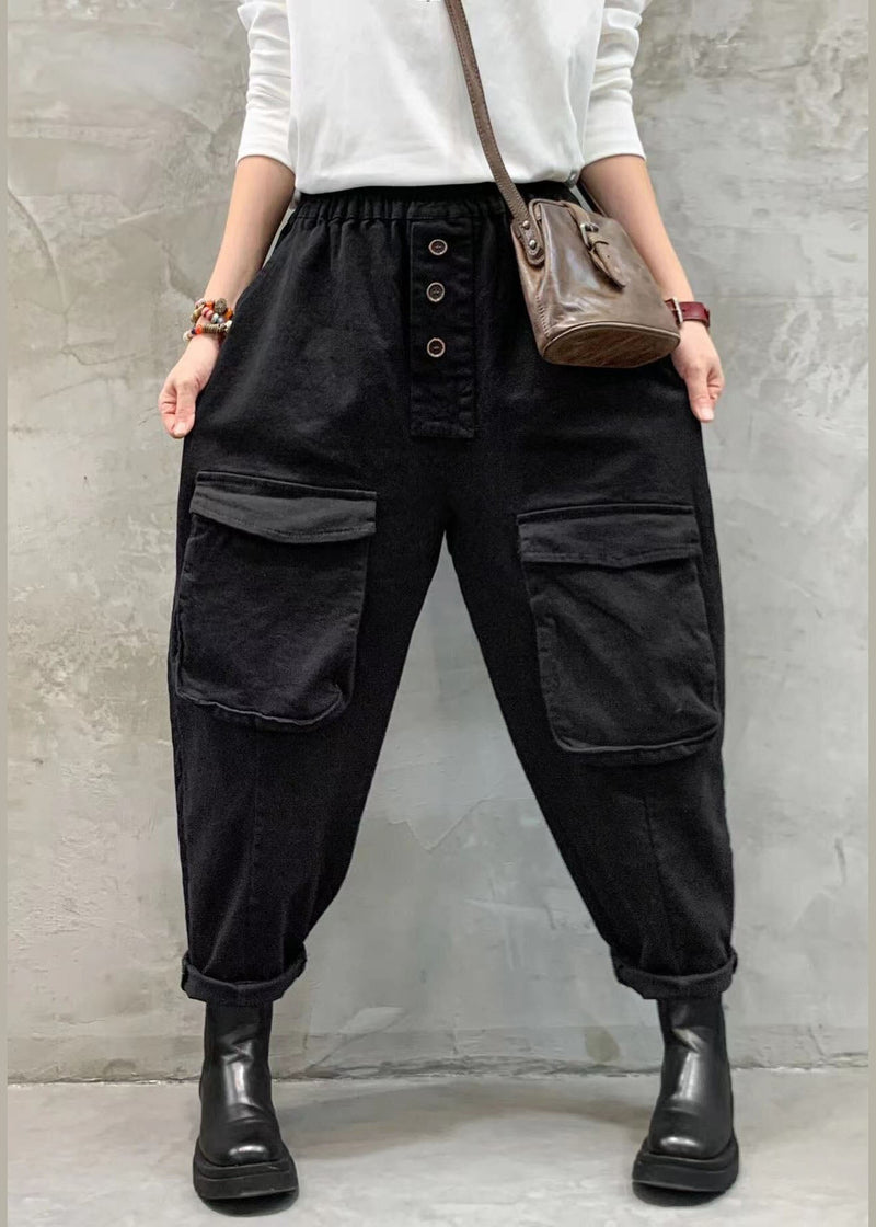 Red Elastic Waist Button Pockets Harem Pants Spring