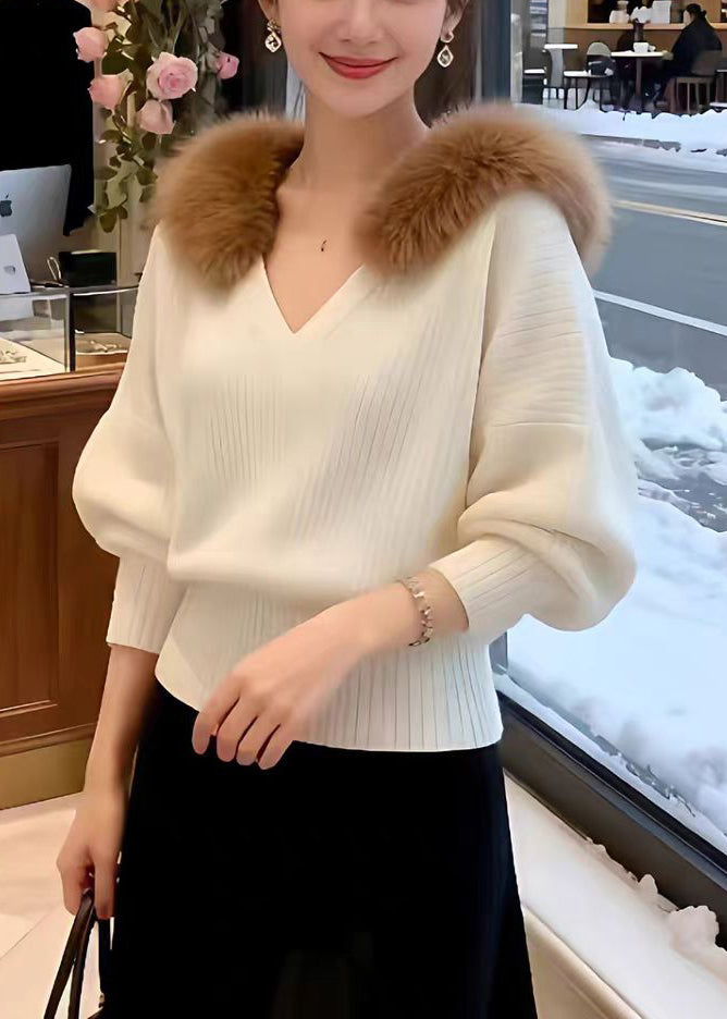 Slim Fit Beige Fur Collar Knit Sweater Tops Winter