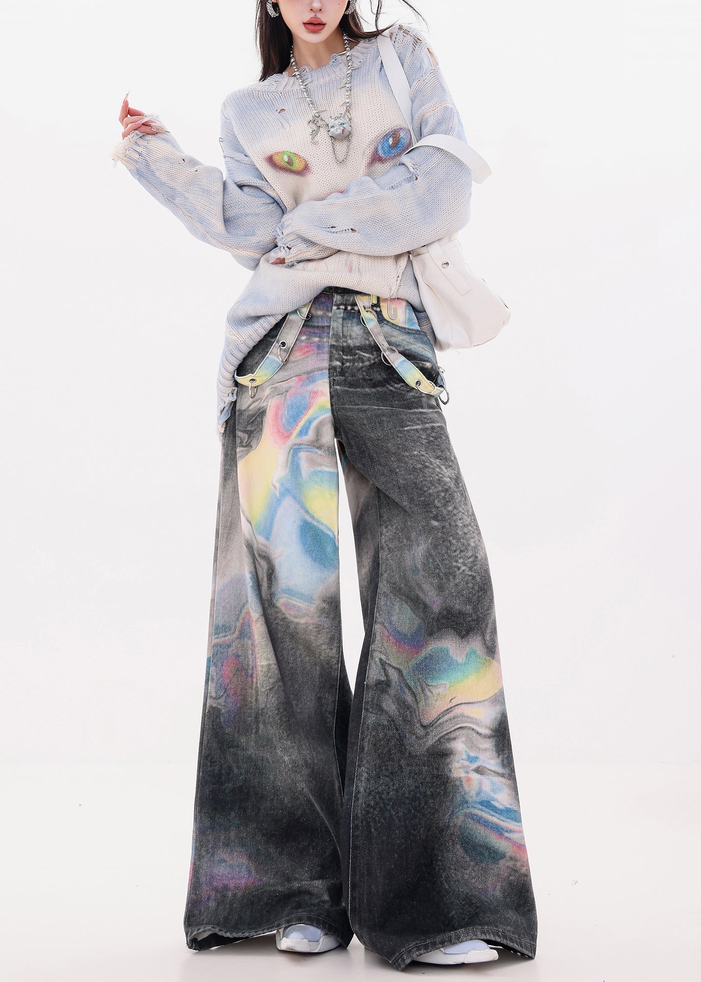 Black Oversized Tie Dye Denim Wide Leg Pants Fall