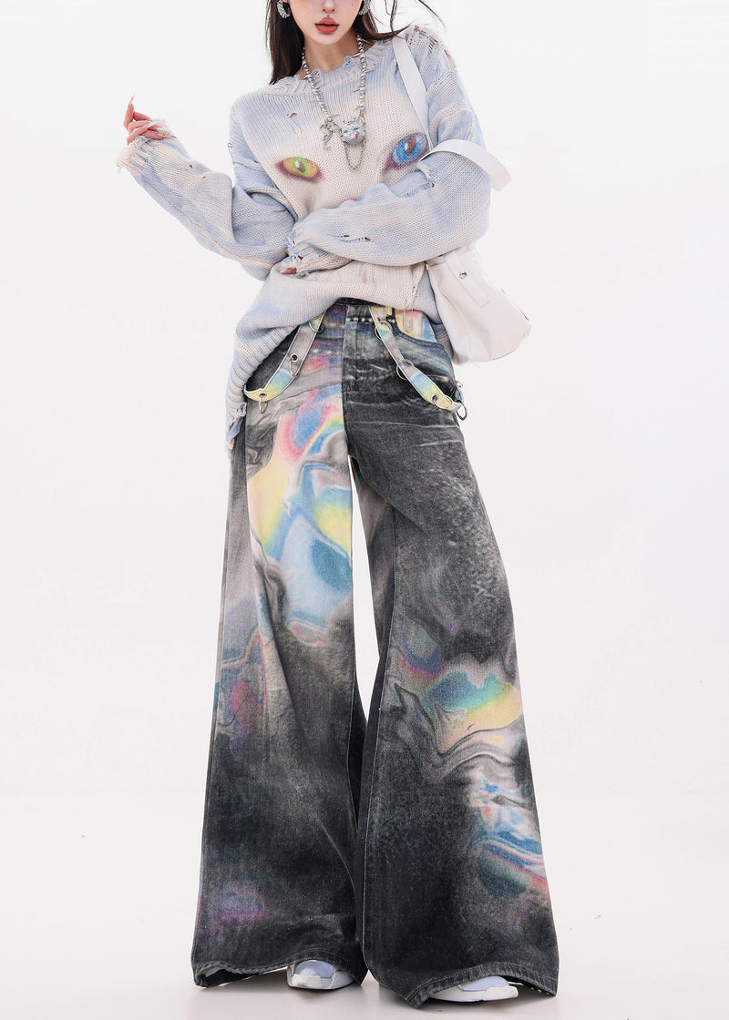 Black Oversized Tie Dye Denim Wide Leg Pants Fall