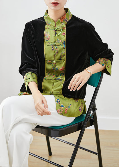Black Mandarin Collar Patchwork Silk Velour Fake Two Piece Coats Fall