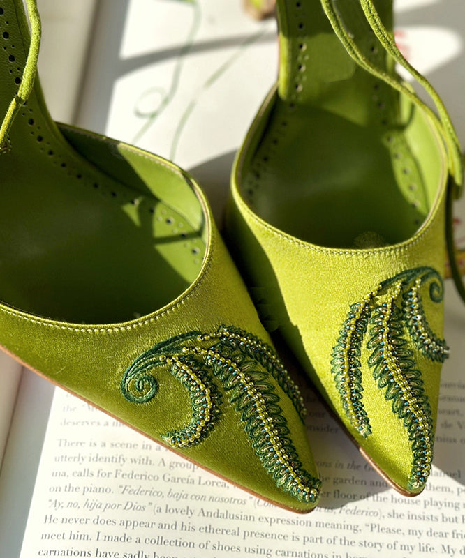 Splicing Stiletto High Heels Green Lace Up Embroidered