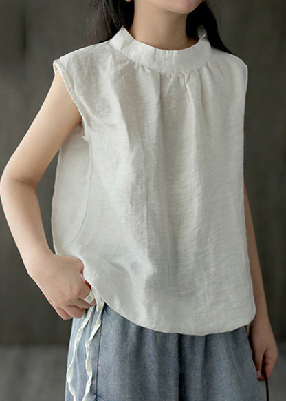 Brief White Stand Collar Linen Top Sleeveless