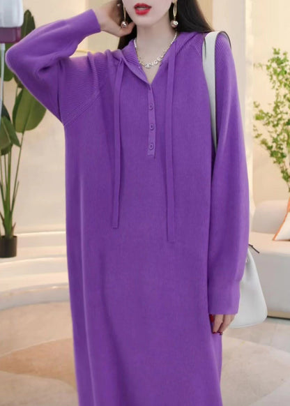 Simple Purple Hooded Button Knit Sweater Dress Winter
