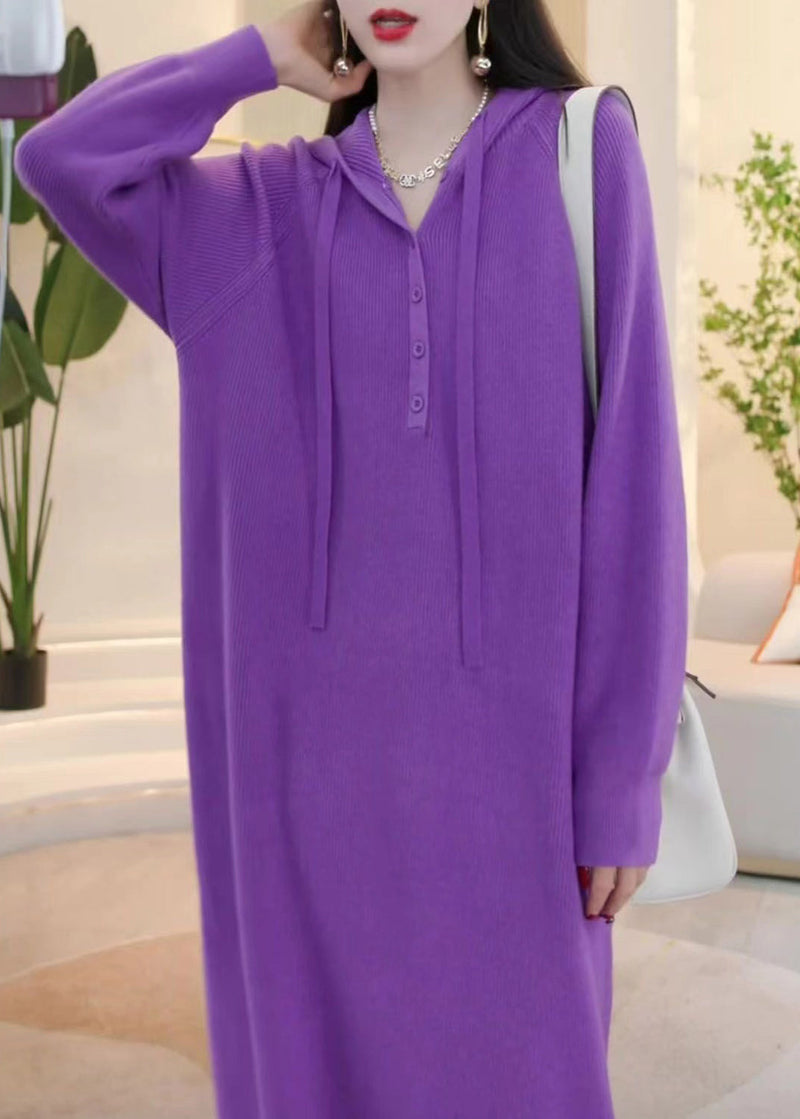 Simple Purple Hooded Button Knit Sweater Dress Winter