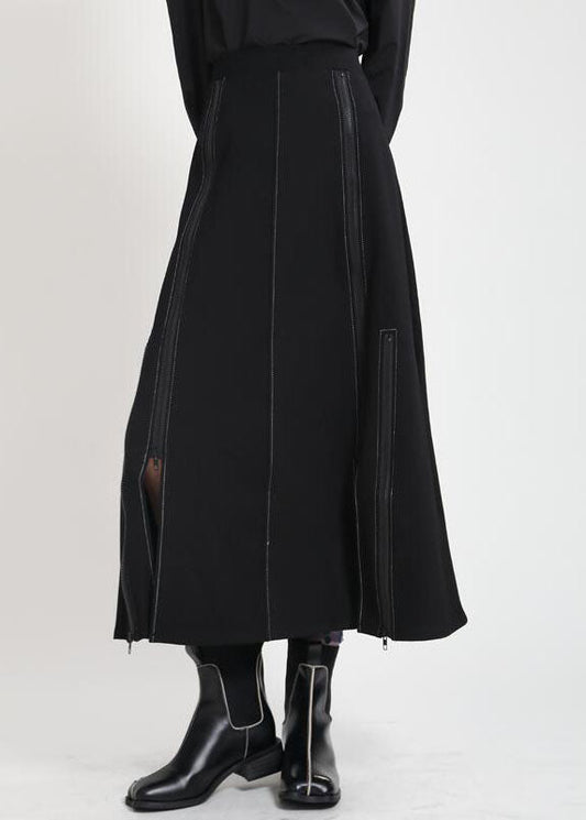 Modern Black High Waist Zippered Asymmetrical Design Patchwork Fall Skirt