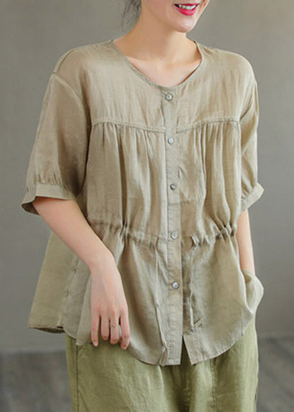 Boutique Orange O-neck Drawstring Button Linen Short Sleeve