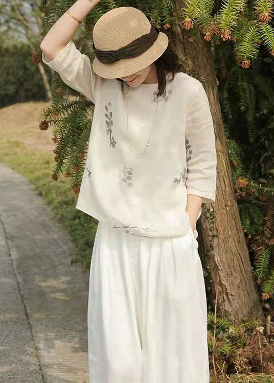 Handmade White O-neck Print Linen Tops Three Quarter Sleeve